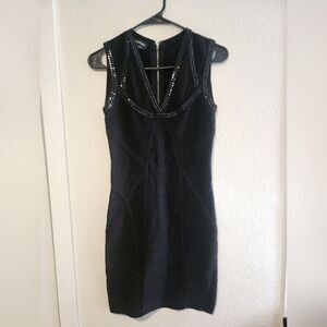 Bebe Studded Bandage Mesh Vneck Black Bodycon Dress Small